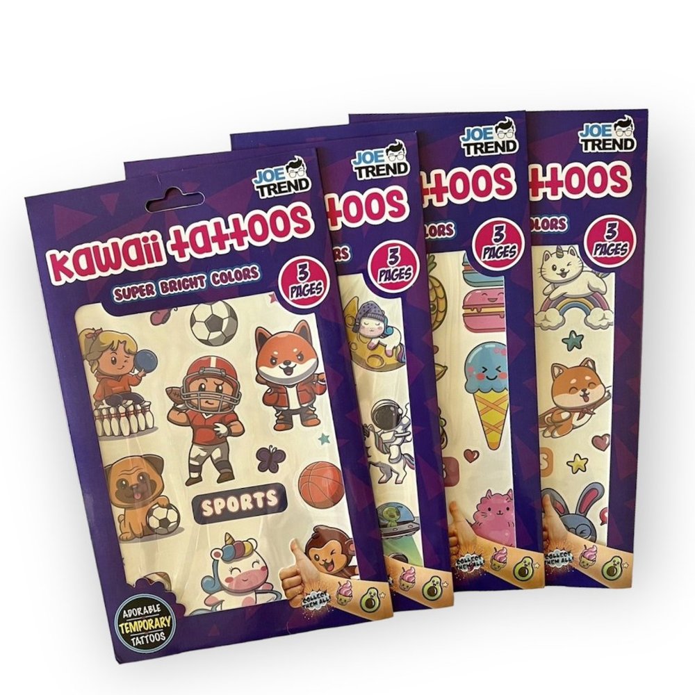 NEW - 4 JOE TREND Kawaii temporary tattoos - 1 ea Space, Treats, Sports, Animals